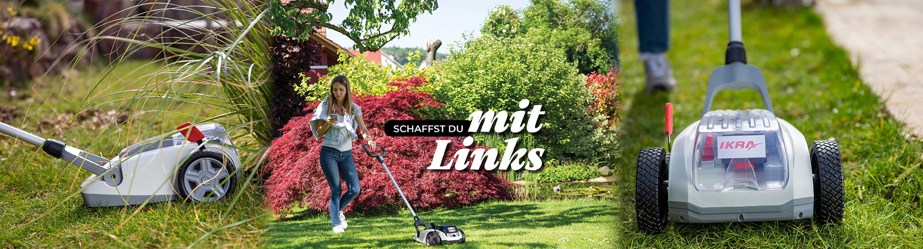 Junge Frau schiebt mit einer Han den EinhandAkku Rasenmäher von ikra